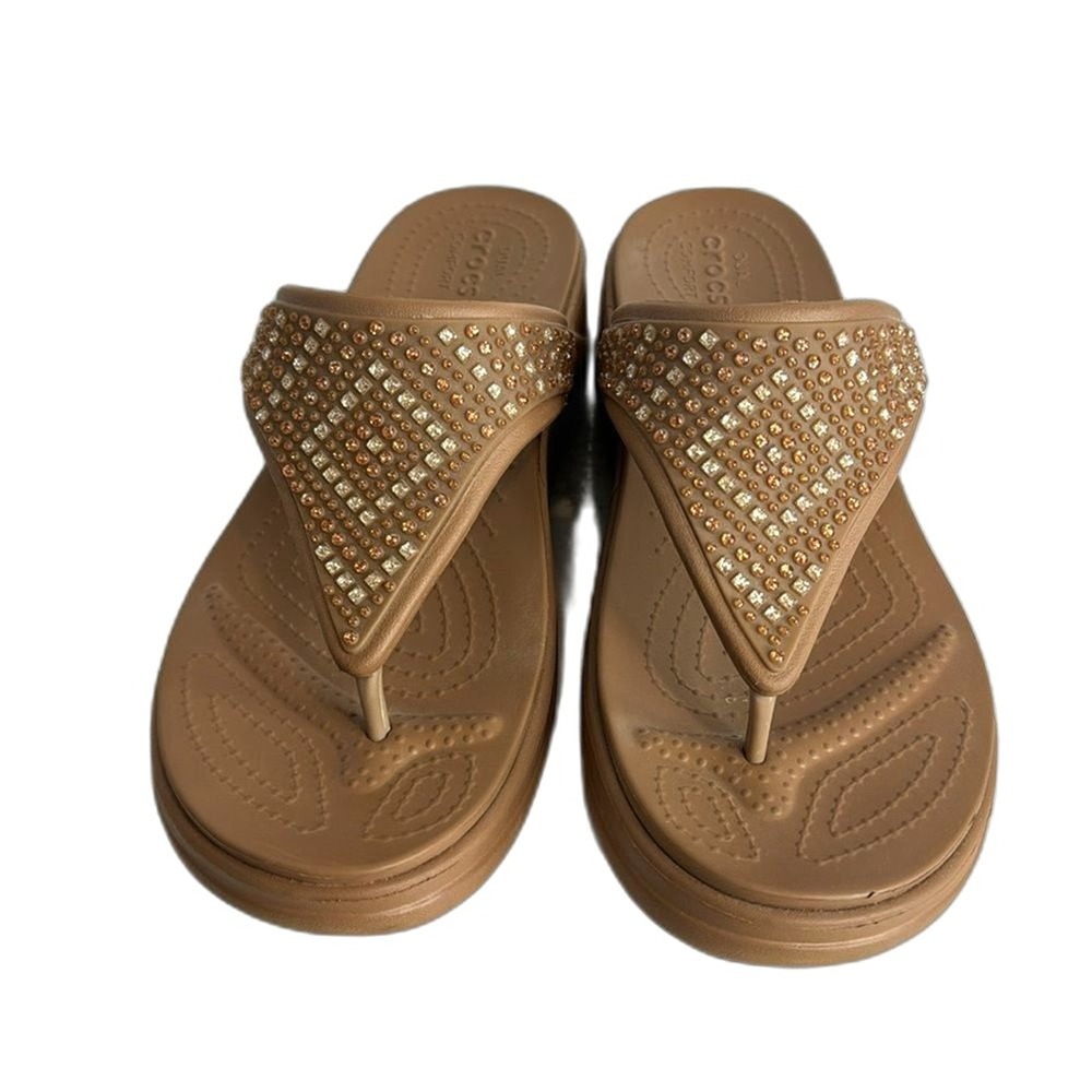 Crocs Women's Monterey Shimmer Wedge Flip Sandals Tan Size 11
